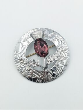 Vintage signed Mizpah thistle Scottish silver tone purple brooch pin